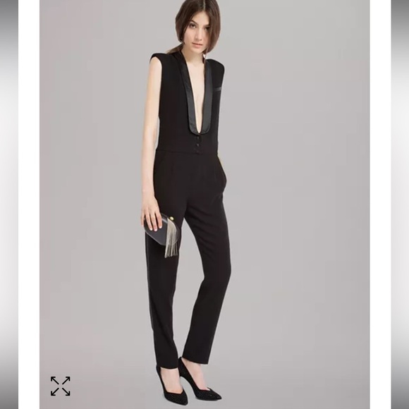 Maje Jumpsuit Elfie Tuxedo Plunging V Neck Black Satin Trim - Picture 4 of 14